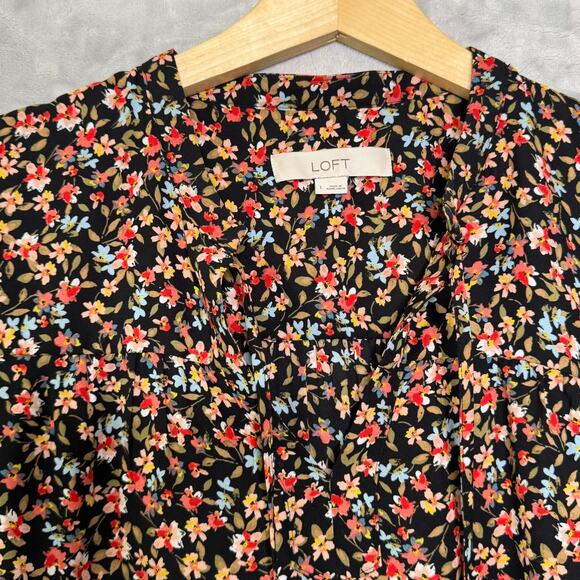 Loft Top Womens Large Black Ditsy Flower Print V Neck Long Balloon Sleeve Fall - Picture 5 of 12